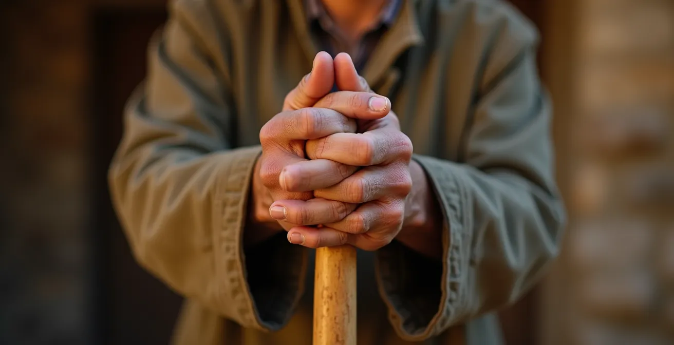 Gros plan sur les mains expressives d'un guide conférencier démontrant un geste rituel traditionnel