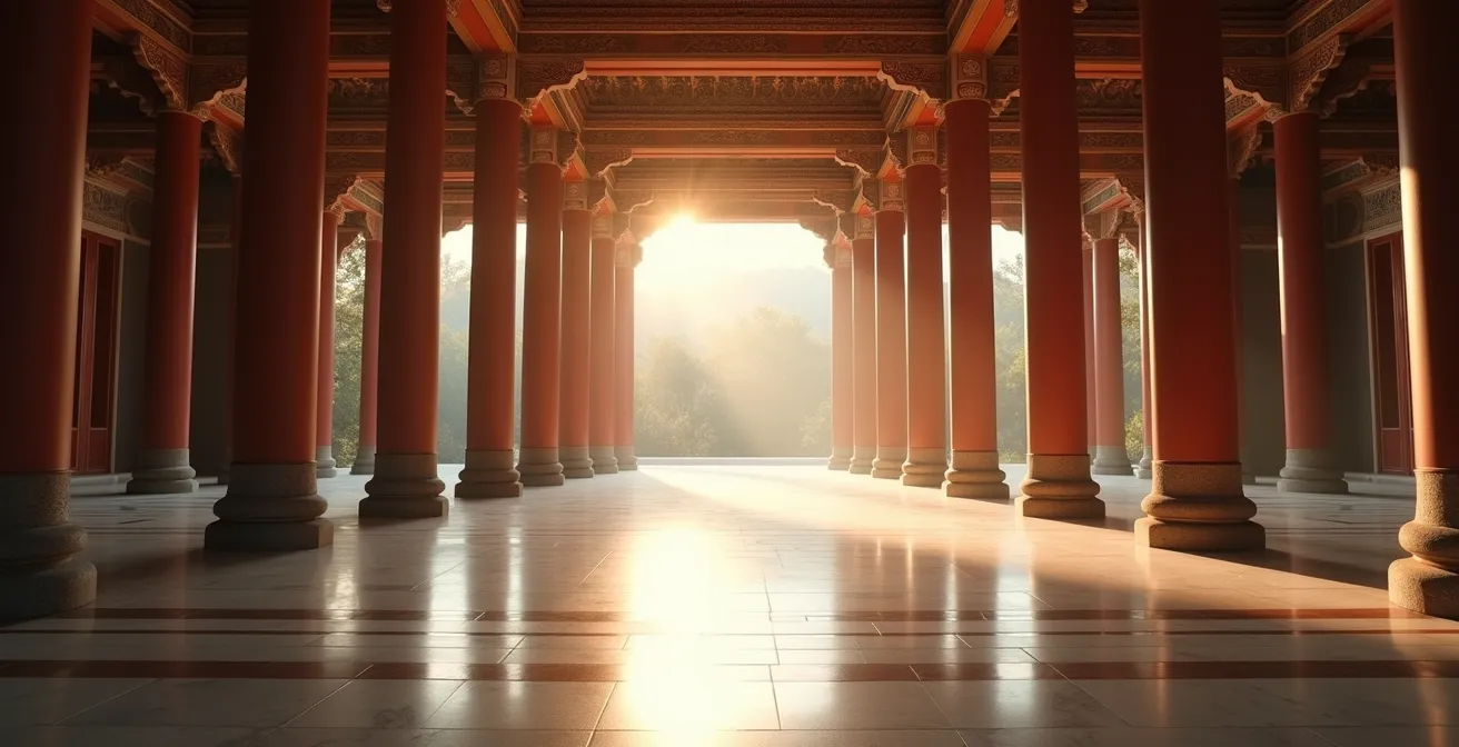 Vue architecturale d'un temple oriental avec jeu de lumières à travers les colonnes créant des motifs géométriques