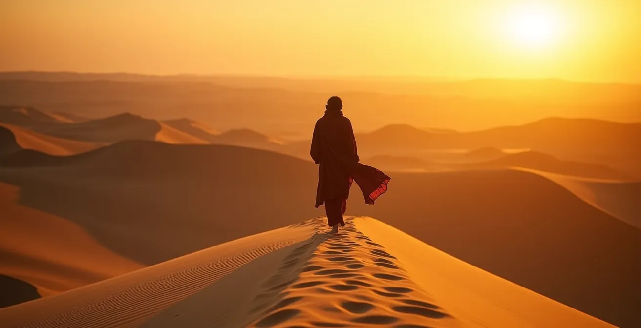 Silhouette solitaire d'un voyageur contemplant l'horizon désertique au coucher du soleil